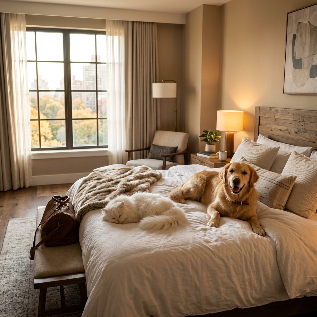 Happy dog and cat on hotel bed